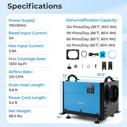 124 Pint Crawl Space Dehumidifier with 3 Modes and 24H Timer