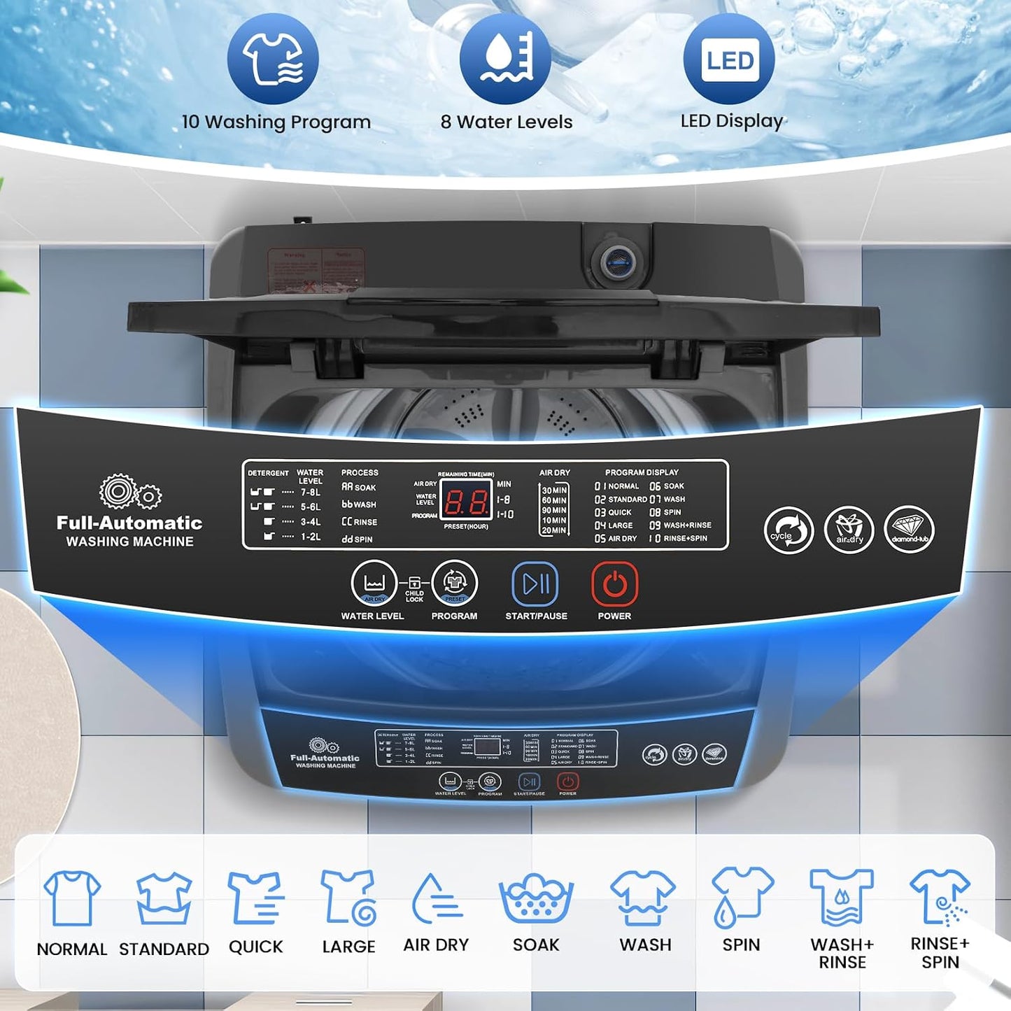 2.4 Cu.Ft Portable Washer, 17.8 Lbs Capacity for Apartments | 10 Wash Programs, 8 Water Levels, LED Display, Drain Pump, Child Lock, Full Automatic Washing Machine for RV, Dorm, Home