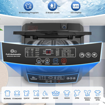 2.4 Cu.Ft Portable Washer, 17.8 Lbs Capacity for Apartments | 10 Wash Programs, 8 Water Levels, LED Display, Drain Pump, Child Lock, Full Automatic Washing Machine for RV, Dorm, Home
