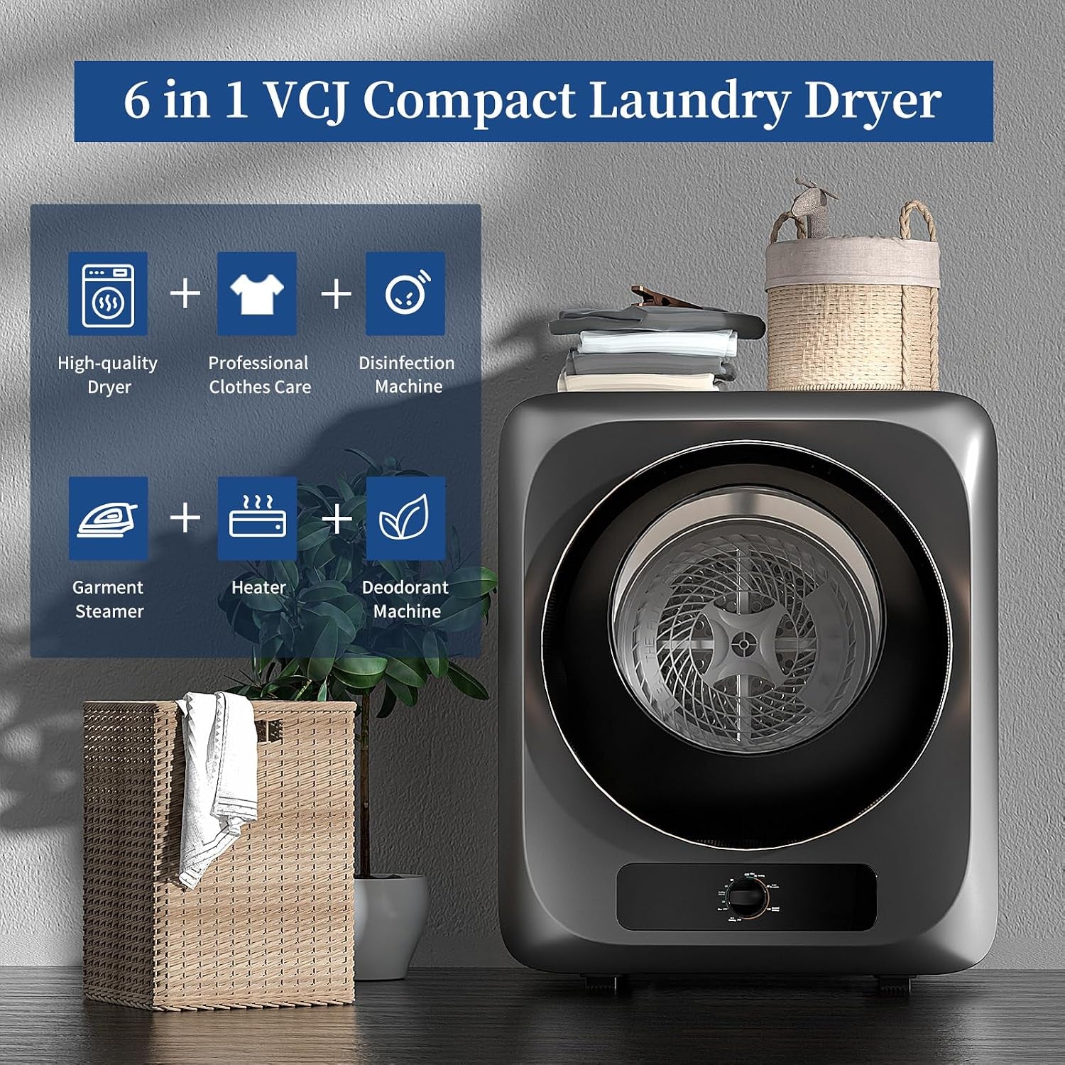Portable Clothes Dryer for Apartment, 1.5 Cu.Ft Compact Mini Electric Dryer with 5 Drying Modes, Stainless Steel Tub, Simple Knob Control, Dryer Machine for Dorm, RV, Small Space