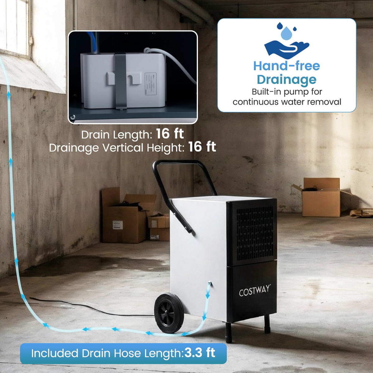 189 Pints Commercial Dehumidifier with Built-in Water Pump-Black