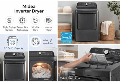Midea MLTW44A4BGK1 Black Smart Laundry Pair 4.4 Cu Ft Top Load Washer and 7 Cu Ft Electric Dryer Bundle 10 Cycles 4 Te