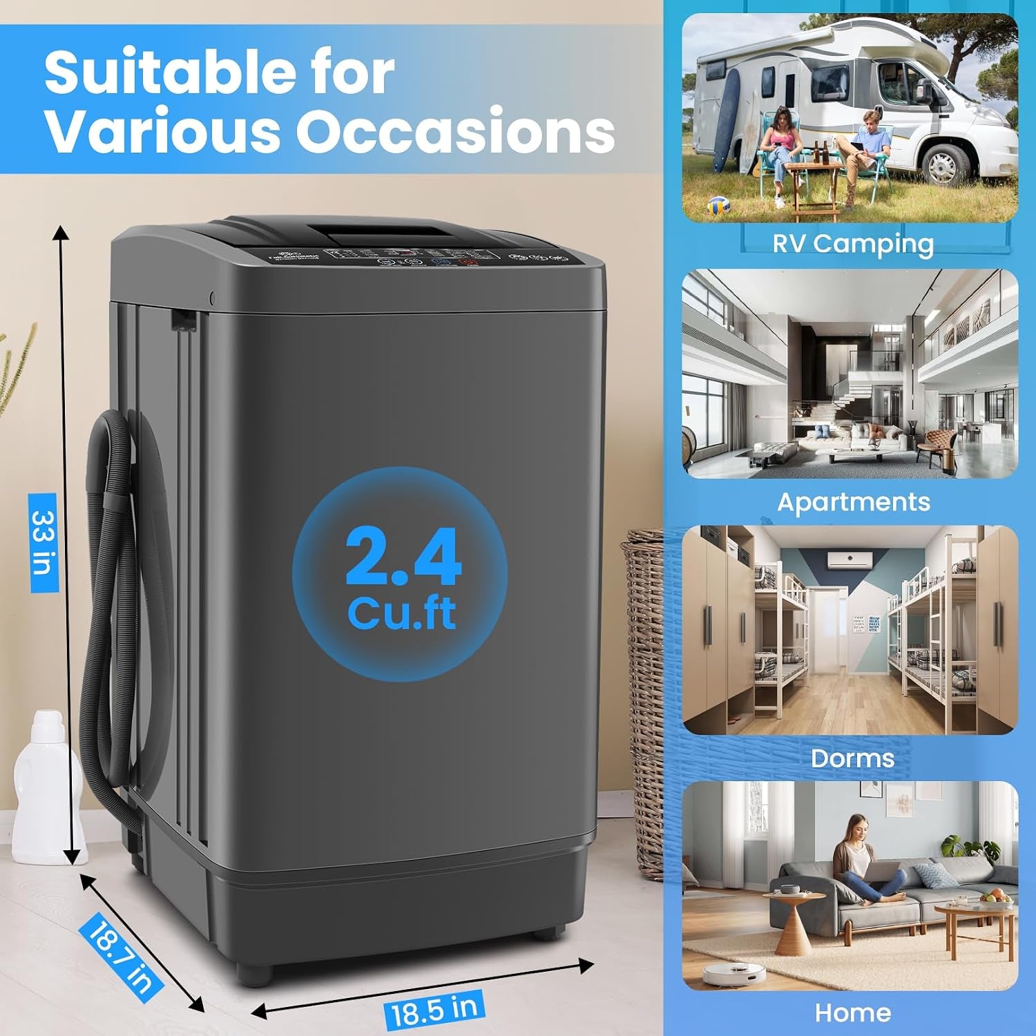 2.4 Cu.Ft Portable Washer, 17.8 Lbs Capacity for Apartments | 10 Wash Programs, 8 Water Levels, LED Display, Drain Pump, Child Lock, Full Automatic Washing Machine for RV, Dorm, Home