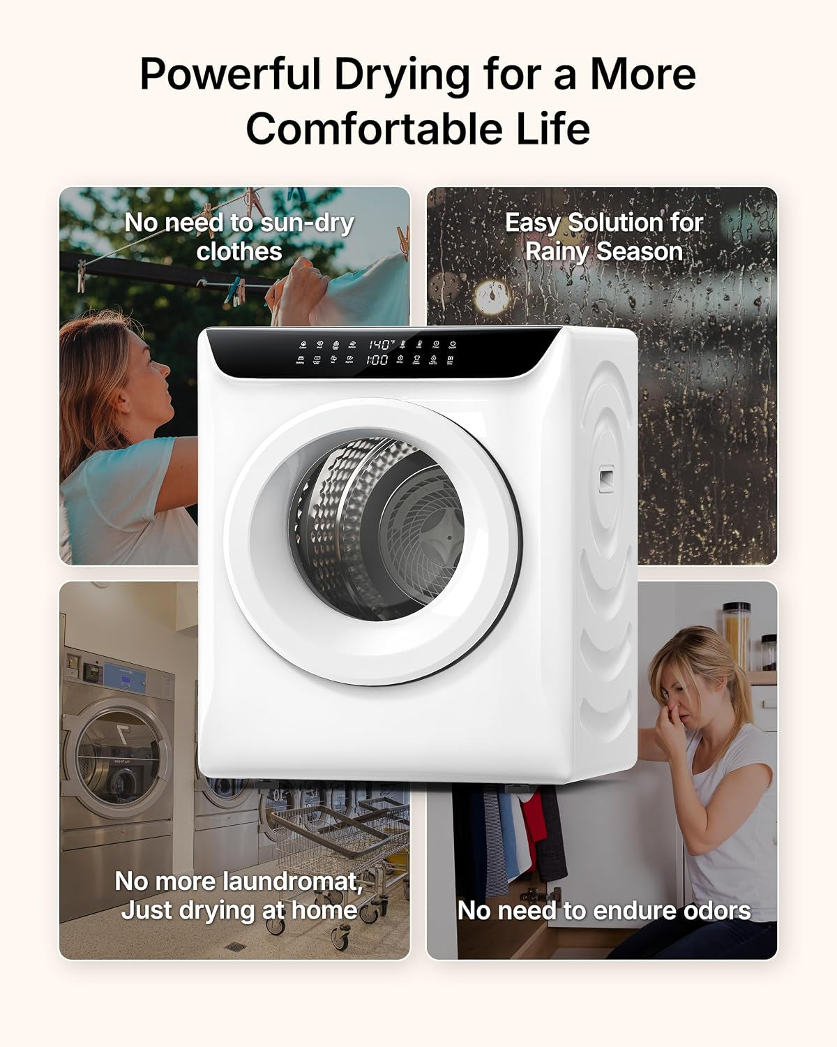 3.5 Cu. Ft. Protable Clothes Dryers with LED Control | Small Electric Dryer Machine for Laundry, 1400W Dryer Machine with 8 Drying Modes, 120V Electric Dryer for Clothes, White