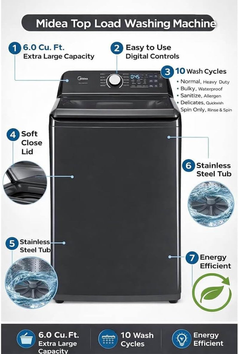 Midea MLTW44A4BGK1 Black Smart Laundry Pair 4.4 Cu Ft Top Load Washer and 7 Cu Ft Electric Dryer Bundle 10 Cycles 4 Te