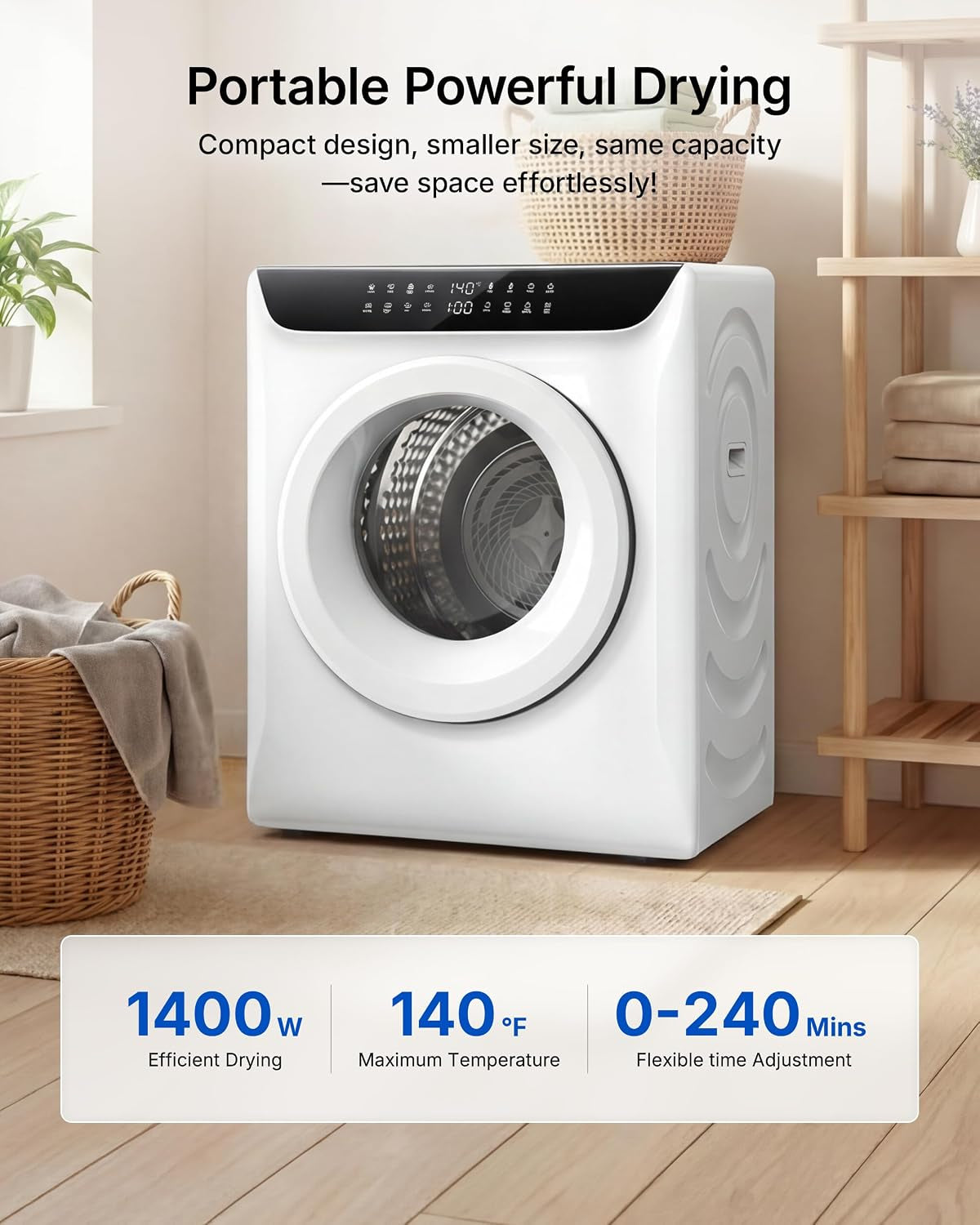3.5 Cu. Ft. Protable Clothes Dryers with LED Control | Small Electric Dryer Machine for Laundry, 1400W Dryer Machine with 8 Drying Modes, 120V Electric Dryer for Clothes, White