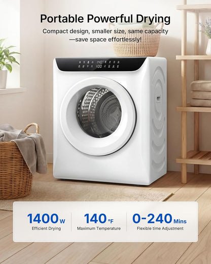3.5 Cu. Ft. Protable Clothes Dryers with LED Control | Small Electric Dryer Machine for Laundry, 1400W Dryer Machine with 8 Drying Modes, 120V Electric Dryer for Clothes, White