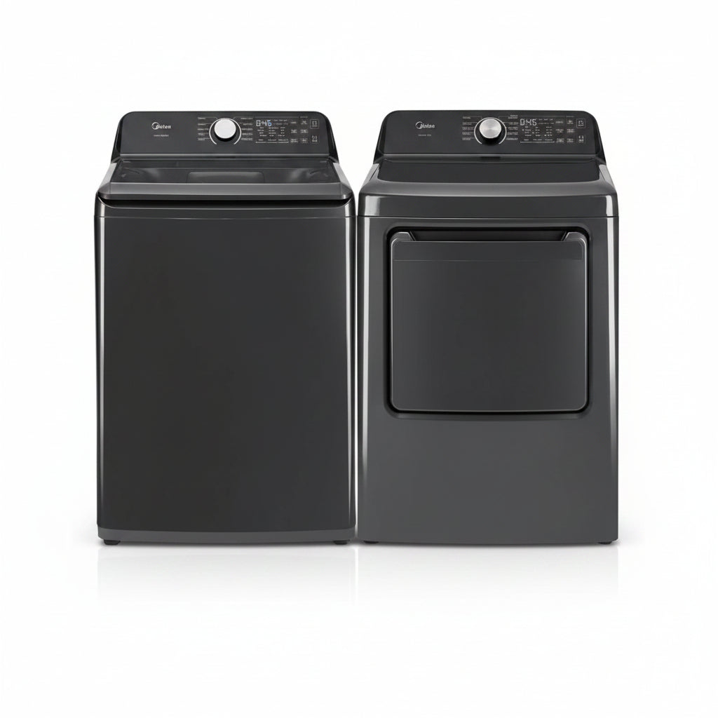 Midea MLTW44A4BGK1 Black Smart Laundry Pair 4.4 Cu Ft Top Load Washer and 7 Cu Ft Electric Dryer Bundle 10 Cycles 4 Te