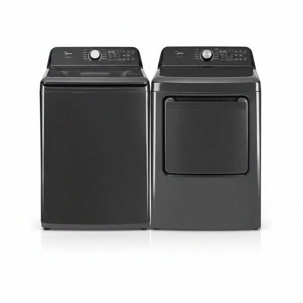 Midea MLTW44A4BGK1 Black Smart Laundry Pair 4.4 Cu Ft Top Load Washer and 7 Cu Ft Electric Dryer Bundle 10 Cycles 4 Te