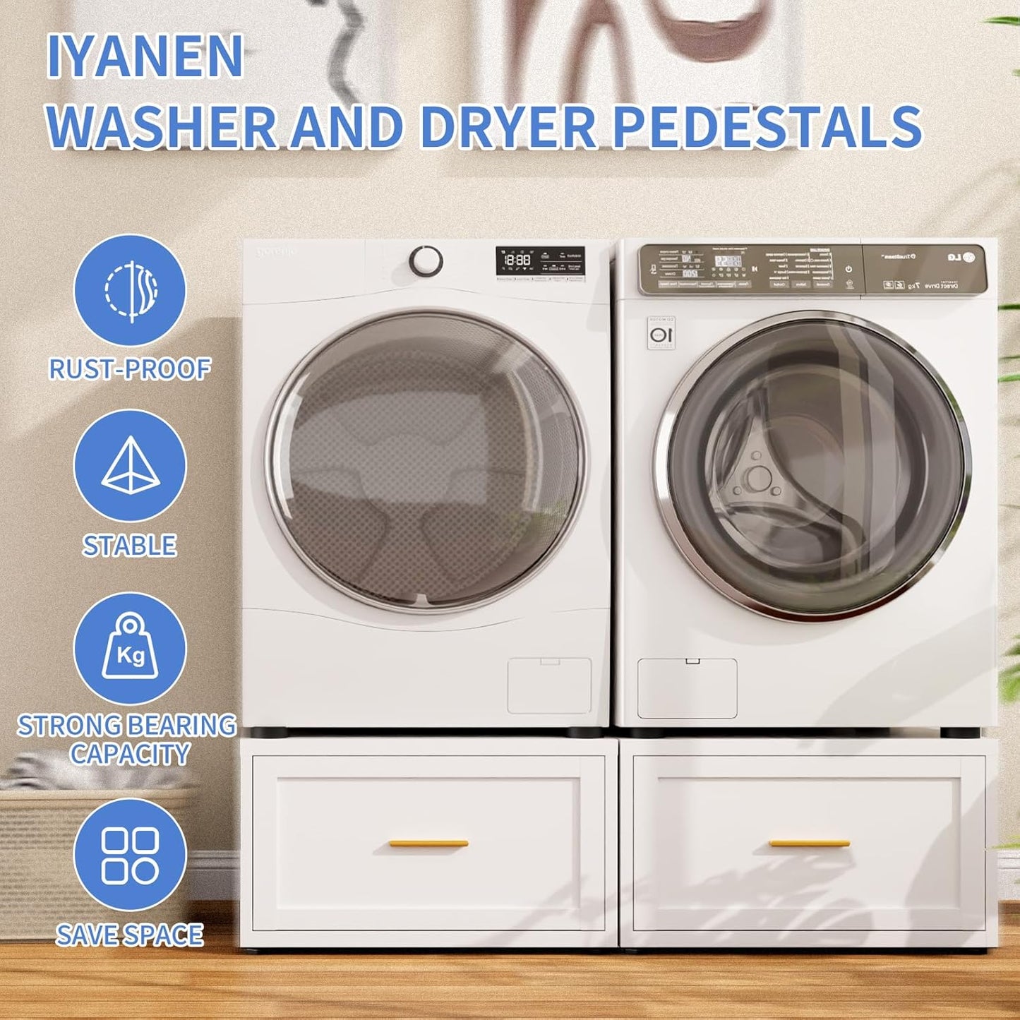 2 Pack Metal Washer and Dryer Pedestals, 28" W Heavy Duty Washer Dryer Pedestal, 16" H Washer Pedestal with Drawer, 440LBS Universal Laundry Pedestal for Washer and Dryer (2 Pack-White)
