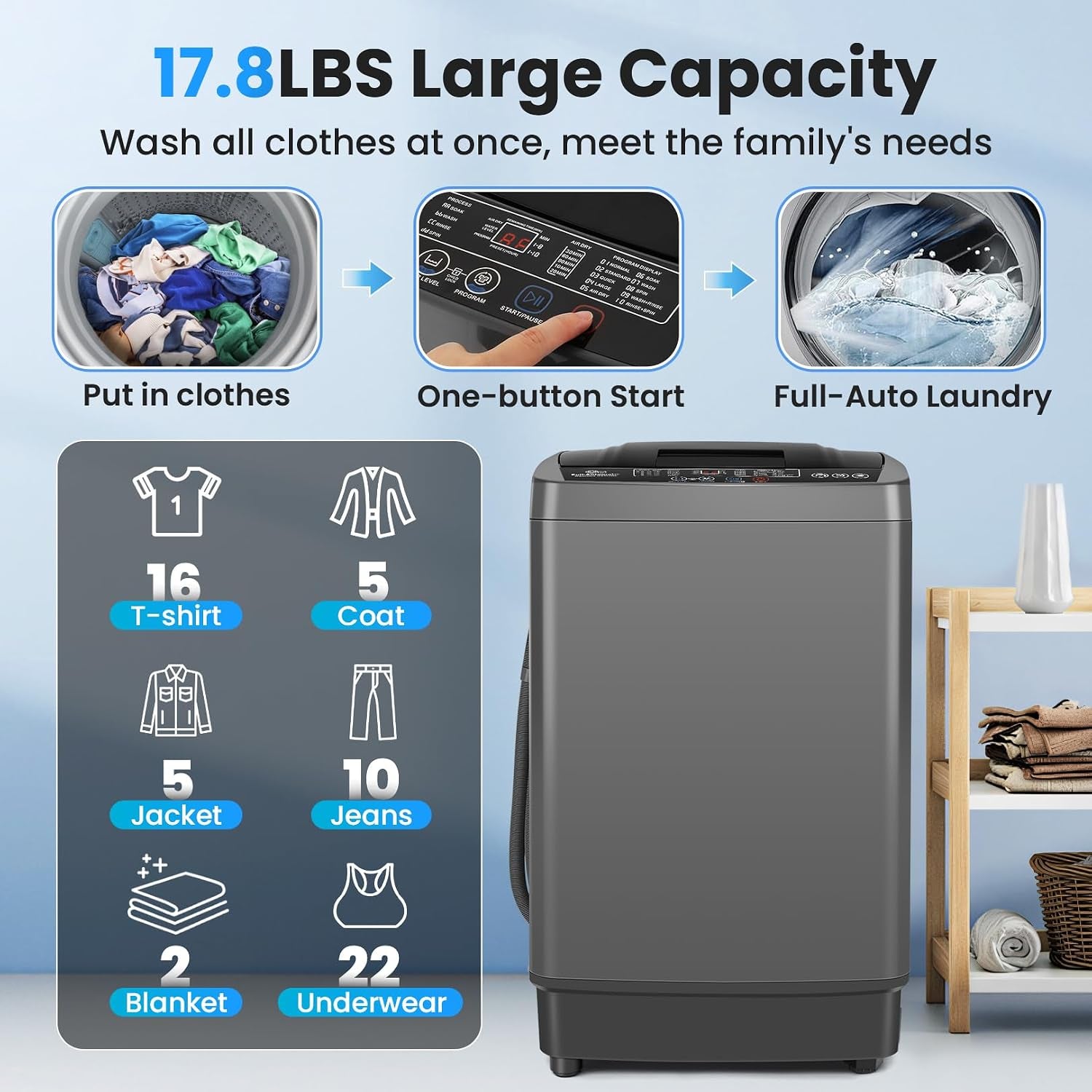 2.4 Cu.Ft Portable Washer, 17.8 Lbs Capacity for Apartments | 10 Wash Programs, 8 Water Levels, LED Display, Drain Pump, Child Lock, Full Automatic Washing Machine for RV, Dorm, Home