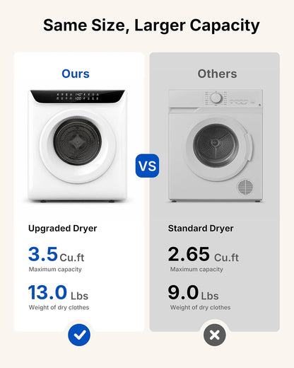 3.5 Cu. Ft. Protable Clothes Dryers with LED Control | Small Electric Dryer Machine for Laundry, 1400W Dryer Machine with 8 Drying Modes, 120V Electric Dryer for Clothes, White