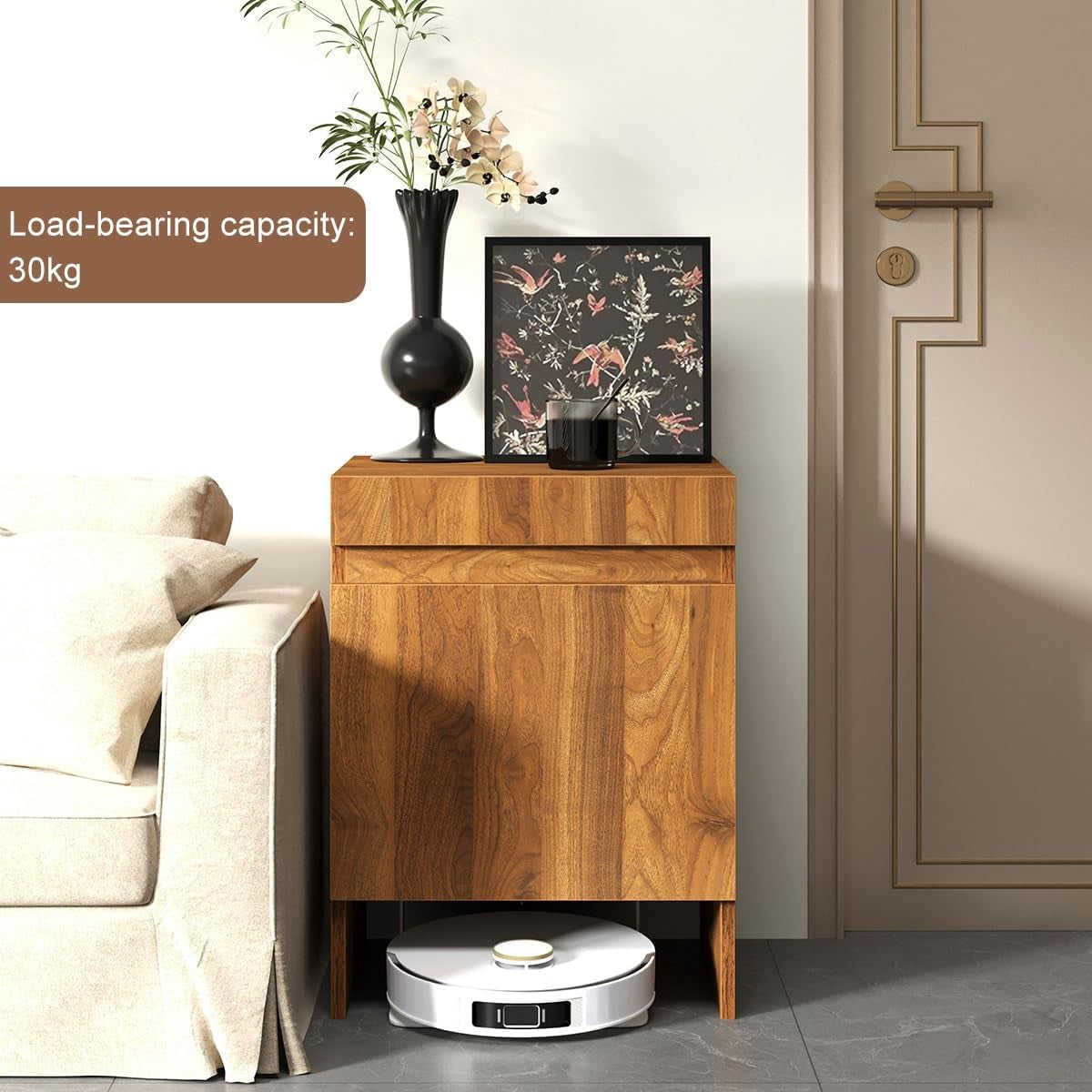 Robot Vacuum Stand Cabinet,Storage Cabinet with Doors for Robot Vacuum Cleaner,End Side Table for Home Office,Wood Freestanding Rack for Living Room Home Office Kitchen(White)
