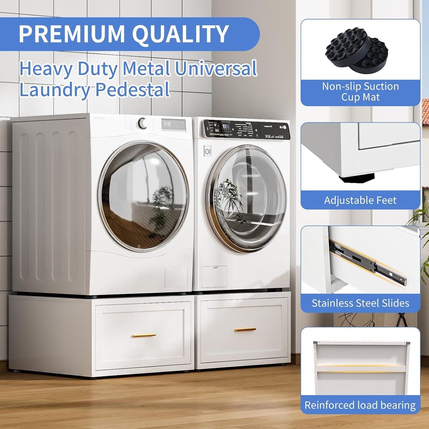 2 Pack Metal Washer and Dryer Pedestals, 28" W Heavy Duty Washer Dryer Pedestal, 16" H Washer Pedestal with Drawer, 440LBS Universal Laundry Pedestal for Washer and Dryer (2 Pack-White)