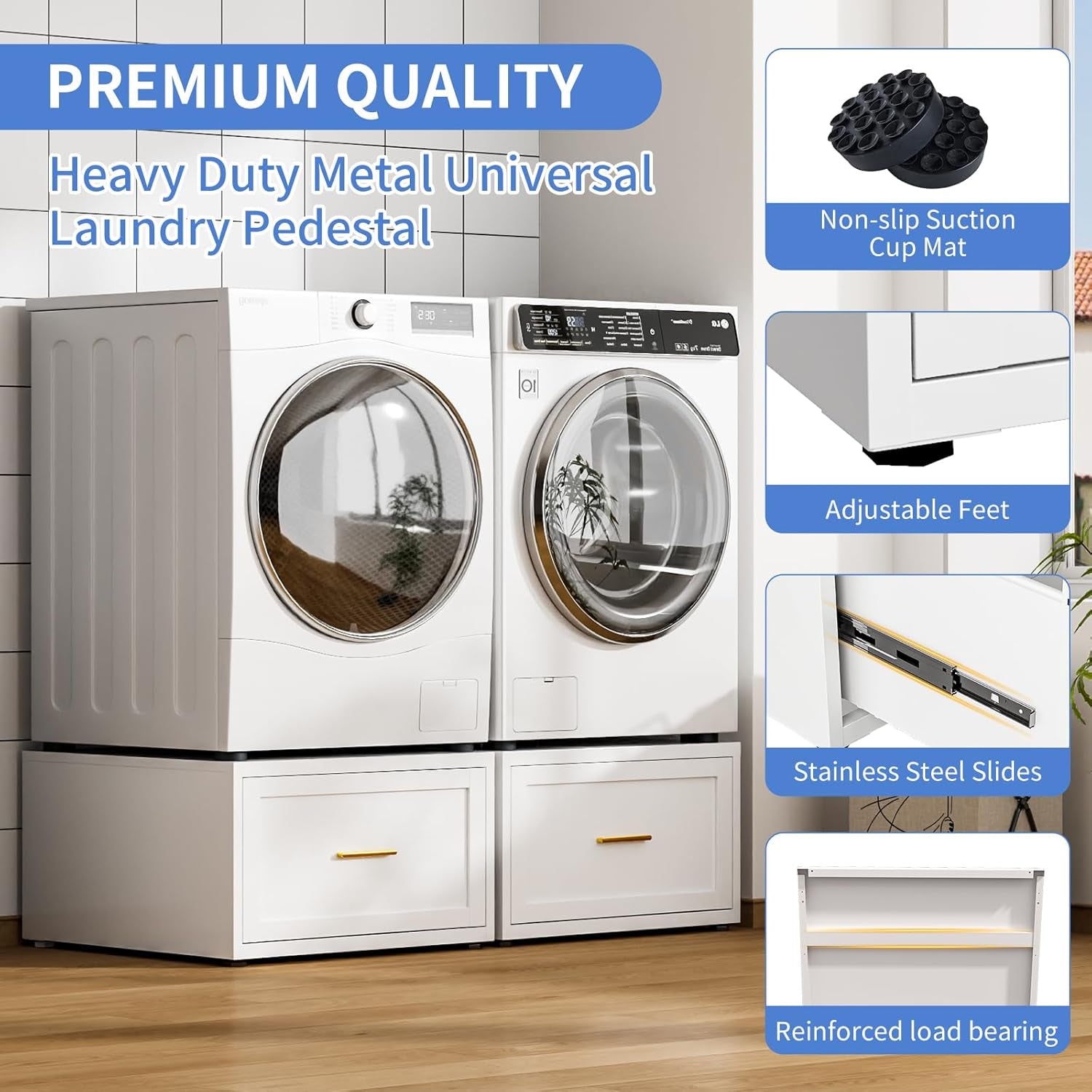 2 Pack Metal Washer and Dryer Pedestals, 28" W Heavy Duty Washer Dryer Pedestal, 16" H Washer Pedestal with Drawer, 440LBS Universal Laundry Pedestal for Washer and Dryer (2 Pack-White)