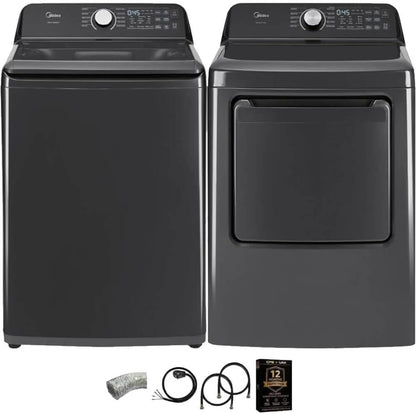 Midea MLTW44A4BGK1 Black Smart Laundry Pair 4.4 Cu Ft Top Load Washer and 7 Cu Ft Electric Dryer Bundle 10 Cycles 4 Te