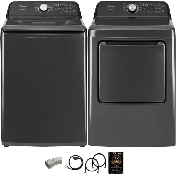 Midea MLTW44A4BGK1 Black Smart Laundry Pair 4.4 Cu Ft Top Load Washer and 7 Cu Ft Electric Dryer Bundle 10 Cycles 4 Te