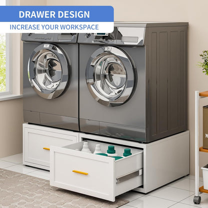 2 Pack Metal Washer and Dryer Pedestals, 28" W Heavy Duty Washer Dryer Pedestal, 16" H Washer Pedestal with Drawer, 440LBS Universal Laundry Pedestal for Washer and Dryer (2 Pack-White)