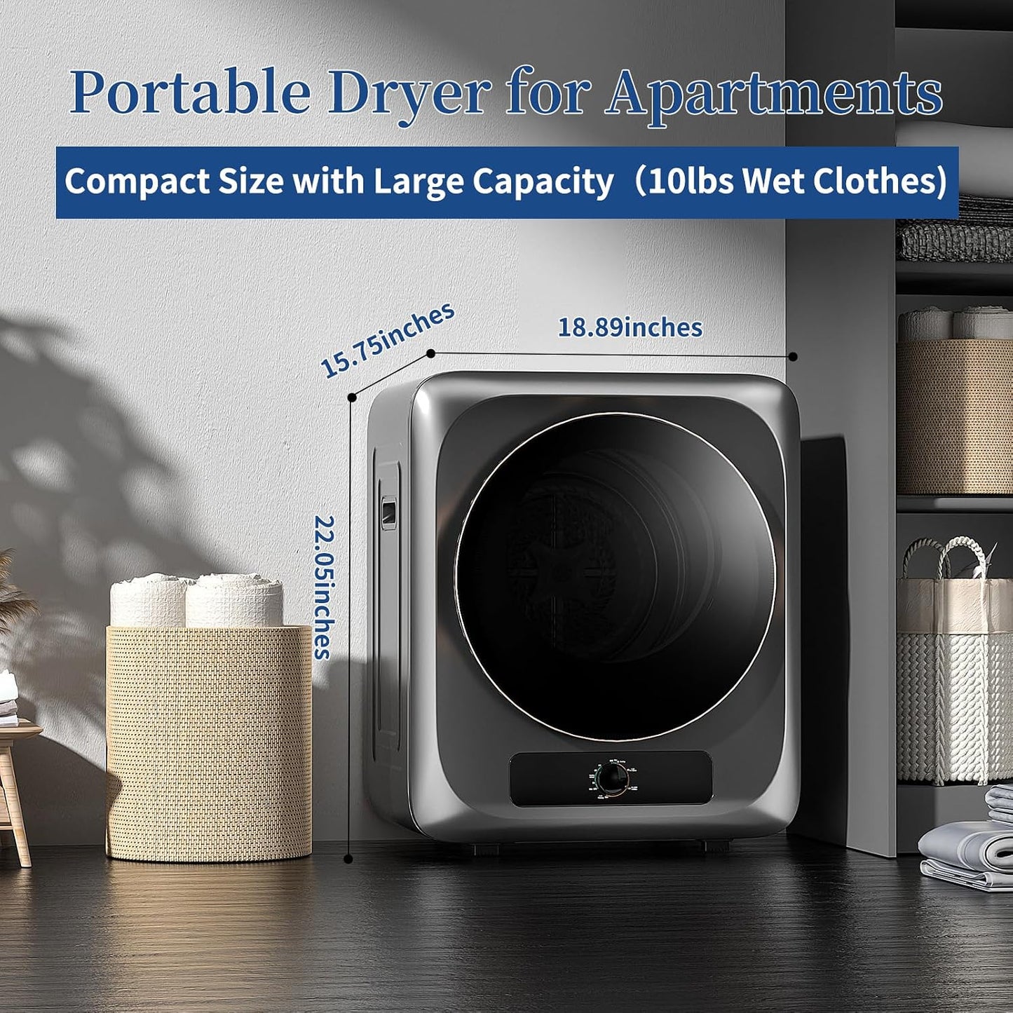 Portable Clothes Dryer for Apartment, 1.5 Cu.Ft Compact Mini Electric Dryer with 5 Drying Modes, Stainless Steel Tub, Simple Knob Control, Dryer Machine for Dorm, RV, Small Space