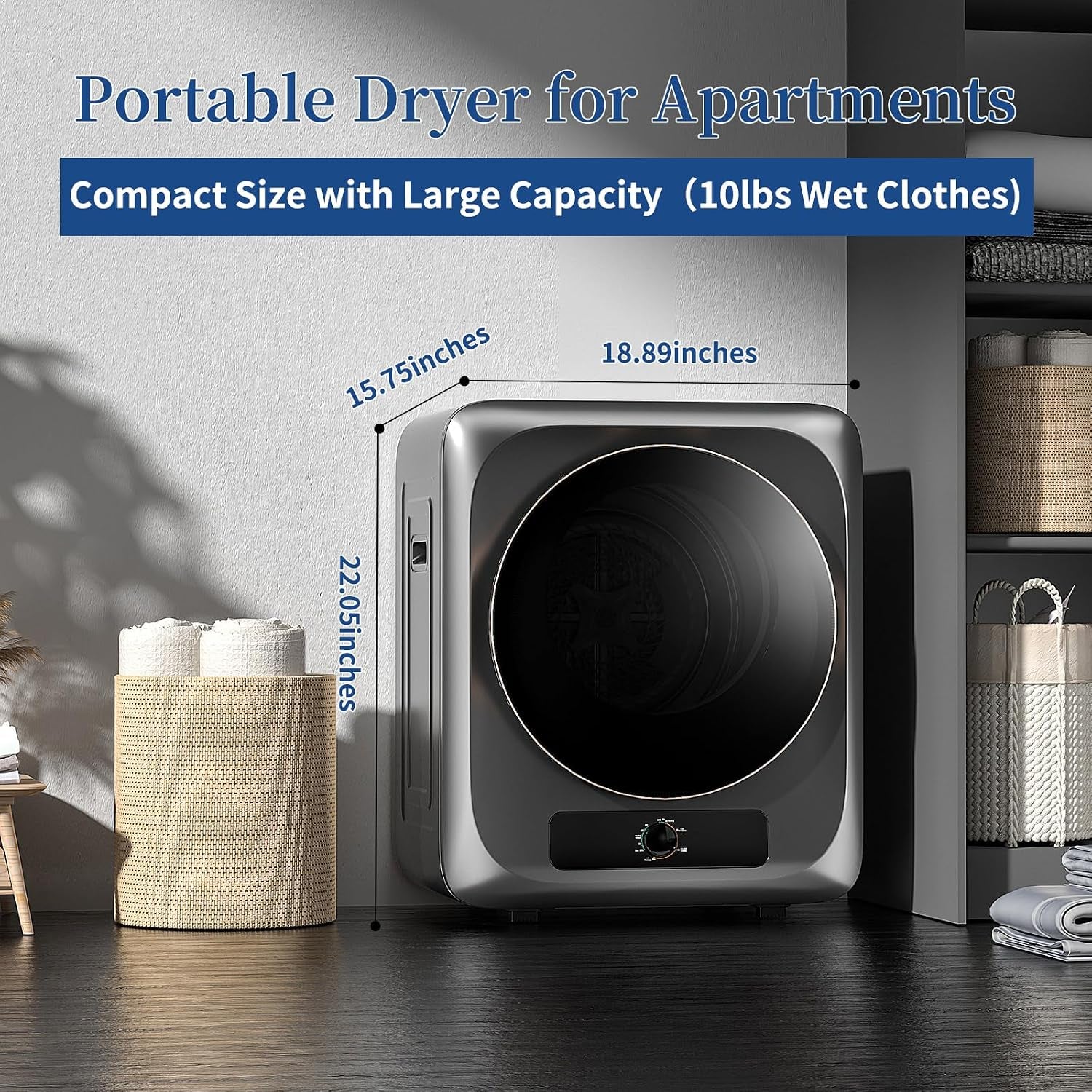 Portable Clothes Dryer for Apartment, 1.5 Cu.Ft Compact Mini Electric Dryer with 5 Drying Modes, Stainless Steel Tub, Simple Knob Control, Dryer Machine for Dorm, RV, Small Space